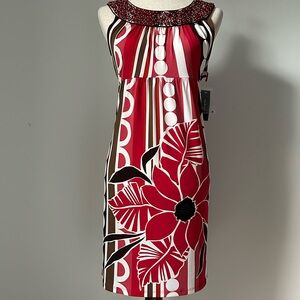 Red and White Sleeveless Halter Midi Sheath Dress